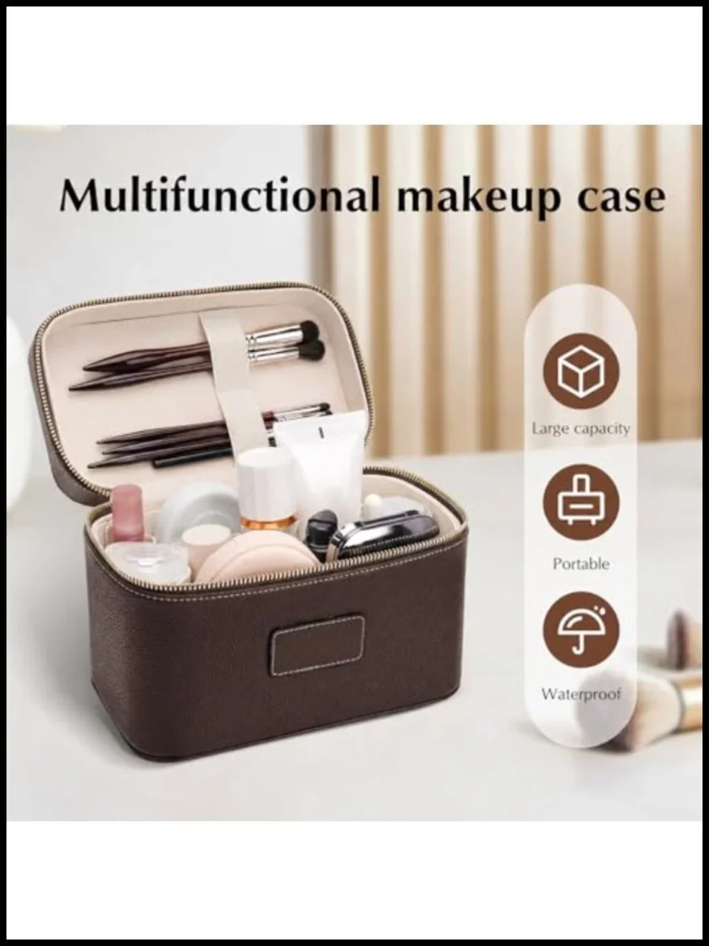 Leather Makeup Case with Removable Divider, Waterproof Travel Toiletry Organizer